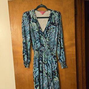 Lilly Pulitzer Talley Smocked Dress Low Tide Navy Catty Purrsonality S